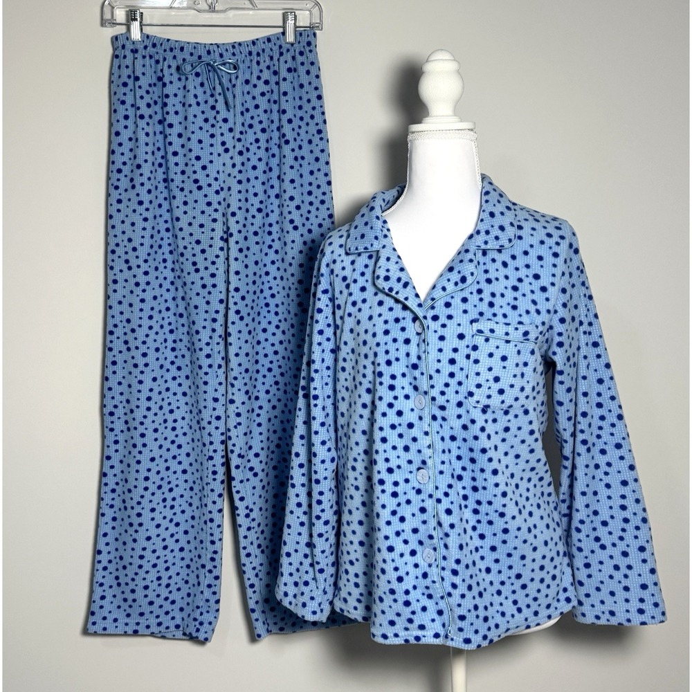 Whispers Blue Polka Dot Pajama Set Cozycore Lounge Sleepwear Button Top‎ M